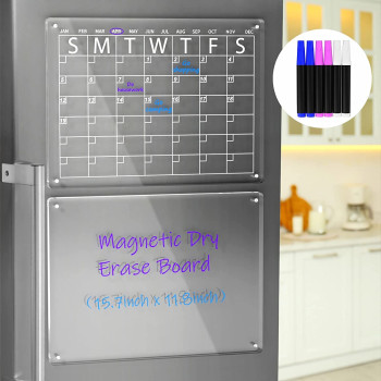 (40x30cm) Clear Acrylic Magnetic Dry Erase Board and Calendar for Fridge,(Set of 2),Includes 6 Markers ٢بورد مغناطيسي من الاكريليك الشفاف للملاحظات والتخطيط